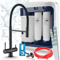 ARI 3-wegs keukenkraan Highflex, mat zwart, uittrekbare spoelkraan, inclusief Aquaphor Ro-202S Pro waterfiltersysteem