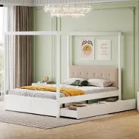 Merax hemelbed 140x200 cm met 2 grote lades, kinderbed met gestoffeerde rugleuning, tweepersoonsbed met tentstructuur en opbergruimte, wit