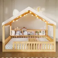 Flieks kinderbed 140x200 cm met led, huisbed met hemelbed en boekenkast, laagbed, tweepersoonsbed, speelbed met valbeveiliging, zonder lattenbodem, hout