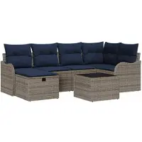 vidaXL Tuinbank Set 7 st Grijs en Marineblauw poly rattan