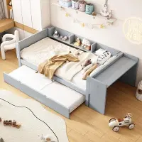 Ulife Multifunctioneel kinderbed met bureau, plank en uitschuifbaar logeerbed - Ruimtebesparend en stevig, geschikt voor een matras van 90x200 cm, in de kleur grijs