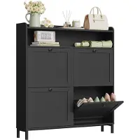 Famanu – Schoenenkast met 4 kleppen, smal en ruimtebesparend, voor 8-12 paar schoenen, krasbestendig, 100 x 107 x 19,5 cm in zwart
