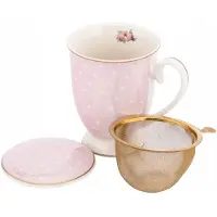 Altomdesign Porseleinen Mok Natalie Roze met Zeef en Deksel - 300 ml