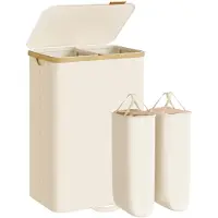 Famanu – Wasmand met deksel, mand voor vuile was, bamboe frame, 2 vakken, 150 l, crèmewit, ideaal voor bijkeuken en slaapkamer