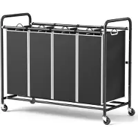 ALLVIA Wasmand 4 Vakken - Wasbox - Wassorteerder - met Stevige Wielen - Zwart - 100cm x 43cm x 80cm