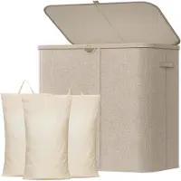 Famanu – Wasmand met deksel, grote opvouwbare wasmand met 3 vakken en uitneembare zakken, voor slaapkamer, badkamer en wasruimte, 145L, beige