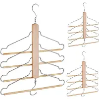 Famanu - Ruimtebesparende kledinghangers, set van 3, 4 kleerhangers met broeklat, hout en metaal, voor broeken, natuur/zilver