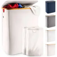 Famanu – Wasmand met deksel en 2 compartimenten, 150L grote ademende wasmand met stevig bamboe frame, inclusief uitneembare waszak, wasbaar, waterdicht, beige