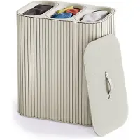 Famanu – Luxe wasmand van 90L in ecru, drievoudig met 3 uitneembare zakken voor het sorteren van was, met bamboe deksel