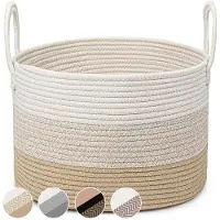 Famanu – Wasmand van geweven katoen, handgemaakt, gevlochten opbergmand voor speelgoed, Ø40 x 25 cm, met 2 handgrepen, voor kleding en dekens in honingkleuren