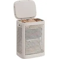 Famanu – Plastic wasmand met deksel, 75 liter, smalle ruimtebesparende wasbox voor badkamer, wasruimte en slaapkamer, cappuccino beige