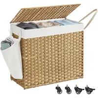 Famanu – Wasmand met deksel, 160 L, 3 compartimenten, met wielen voor eenvoudig transport en organisatie van wasgoed