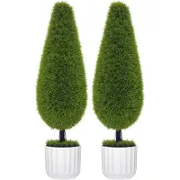 Aosom Set van 2 kunstplanten inclusief plantenbak en kunstmos; kunstcipres, wit en groen