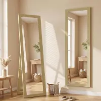Famanu – Staande spiegel, volledige lichaamsspiegel met standaard, vrijstaande wandspiegel, kaptafelspiegel, 37 x 157 cm, aluminium en eiken