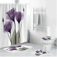 Generic Set van 4 antislip en absorberende flanellen toiletmatten met paarse bloemenprint.