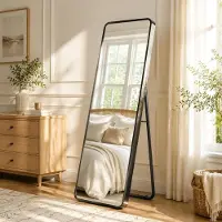 Famanu – Premium staande spiegel, grote wandspiegel van 162 x 50 cm met 3 cm dik aluminium frame en vaste achterwand, rond zwart, perfect voor elke ruimte