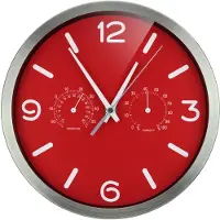 Famanu – Radiogestuurde wandklok met thermo-hygro functie, geruisloos radiouurwerk, roestvrijstalen frame en weergave voor temperatuur en luchtvochtigheid, afmetingen 250 x 250 mm in rood