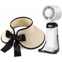 VHV - Zonnehoed en Ventilator Set - dames beige zonneklep met brede rand en strik - Aparte handventilator - Voor strand, wandelen, bureau