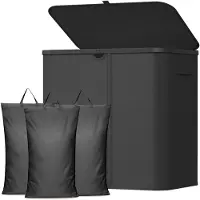 Famanu – Wasmand met deksel, grote opvouwbare wasmand met 3 vakken en uitneembare zakken, voor slaapkamer, badkamer en wasruimte, 145L, zwart
