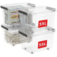 Famanu – Plastic opbergdozen met wielen, set van 4 stuks, 55L per doos, met deksel en veilige zijvergrendelingen, stapelbaar en doorzichtig
