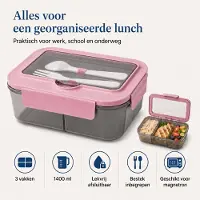 VHV - Lunchbox 1400 ml met 3 Vakken - Lekvrij Afsluitbare Bento Box met Bestek en Kijkvenster - Geschikt voor Magnetron zonder Deksel - Voor Werk, School en Onderweg - Grijs