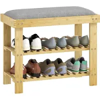HOMCOM Schoenenbank-Bamboe, polyester-60 x 29 x 49 cm-Grijs + natuurhout