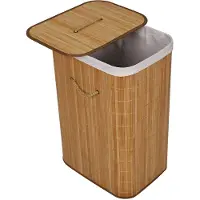 Famanu – Bamboe wasmand van 72 liter in natuurkleur, 40 x 30 x 60 cm, wasbox met linnen waszak, rechthoekige waskorf met handvaten en deksel