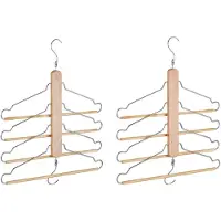 Famanu – Ruimtebesparende kledinghangers, set van 2, 4 kleerhangers met broeklat, van hout en metaal, voor broeken, natuur/zilver