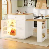 HAUSS SPOLE Keukeneiland - Uitschuifbaar Met Laden En Ledverlichting - Voor Keuken En Eethoek - MDF Glas Metaal - Wit - 122,5-195,5x59x93,5 cm