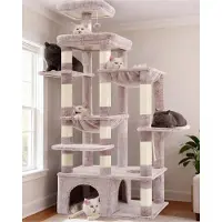 Famanu – Grote krabpaal van 180 cm met extreem stabiele basis, XL-platform en groot kattenhuis, inclusief 2 hangmatten, meerlaagse kattenmeubels voor grote katten, bruin-beige