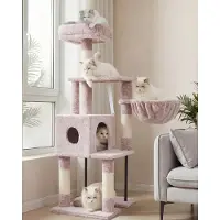 Famanu – Kattenboom van 125 cm, kattentoren voor binnenkatten met krabpaal, stevige staalbuis en zachte pluche zitplek
