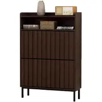 Famanu – Schoenenkast met 3 compartimenten, kantelbaar ontwerp, 2 schoenenopbergvakken en 1 open plank, lijnmotief, verstelbare en verwijderbare planken, 80 x 24 x 117 cm, bruin