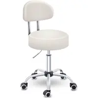 Famanu – Rolkruk met leuning in beige, hoogte verstelbaar van 47-60 cm, draaikruk met wieltjes voor bureaustoel en visagiekruk