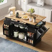 STILVORA Keukeneiland - Klapbaar Werkblad Met Stopcontact - Verrijdbaar Voor Keuken En Eethoek - MDF - 138x86x92 Cm - Zwart;Natuurlijk