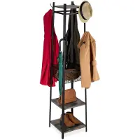 Famanu – Staande kapstok met 3 planken en 8 haken, 181 x 43 x 43 cm, met mand, zwart-grijs, perfect voor kleine hal