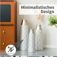 HAUSS SPOLE Vaas – Set Van 3 Met Waaierreliëf – 43,5/51/61 Cm – Metaal – Wit En Zilver – Voor Woonkamer, Hal En Entree