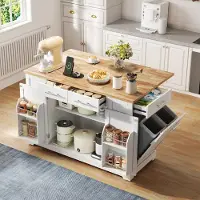 STILVORA Keukeneiland - Klapbaar Werkblad Met Stopcontact En Wielen - Voor Koken En Opbergen - MDF - 138x86x92 Cm - Wit;Natuurlijk