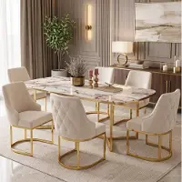 HAUSS SPOLE Eetkamerstoel - Luxe Velvet Design - Set Van 6 - Met 3D Ruitstiksel En Goudkleurig Metalen Onderstel - Voor Eetkamer En Café - Beige