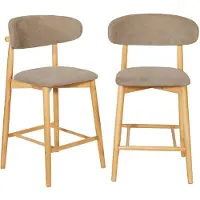 Sweeek - Set van 2 barkrukken van naturelkleurig rubberhout en chenille stof - paola