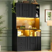 HAUSS SPOLE Keukenkast - Hoge Opbergkast Met Led, Stopcontact, Vitrinekast En Wijnrek - Voor Keuken En Eetkamer - MDF - 100x40x180 Cm - Zwart