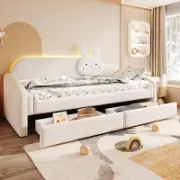 MODFU dagbed 90x200 met matras, kinderbed met rugleuning met konijnenmotief, slaapbank met LED-verlichting, twee lades en zijranden, beige