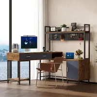 Flieks Bureau in L-vorm met laden, een achterwand van gaas, werkbank met een frame van roestvrij staal, make-up tafel, zwart en hout