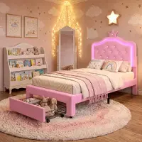 UnboxG Kinderbed 90x200 cm, roze – Prinsessenbed van Polyurethanleer met verstelbaar LED-hoofdeinde, opberglade en lattenbodem