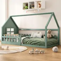 Ulife Huisvormig kinderbed van stevig grenenhout, minimalistisch design voor fantasierijke dromen, inclusief lattenbodem. Afmetingen: 90x200 cm, kleur: groen