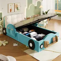 Flieks kinderbed 90x200 cm met sierkussen, hydraulisch verstelbaar bed met zijvakken, grondbed met autodesign en opbergruimte, enkelbed van flanel, blauw