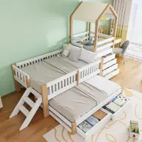 STILVORA Kinderbed 90 x 200 cm Zonder matras – Hoogslaper Met Uittrekbed 90 x 190 cm – Opbergruimte Met Vier Lades En Trap – Hout En Stof – Wit En Natuurhout