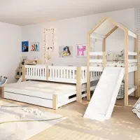 STILVORA Kinderbed 90x200 cm Zonder Matras Stapelbed Met Glijbaan, Zijtrap, Uitrolbed En Opberglades Voor Kinderkamer, Hout, Wit Natuurlijk