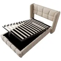 OKWISH Gestoffeerd Kinderbed 90x200 cm - Met Hefbaar Opbergvak en Hoofdbord - Zonder Matras - Linnen - Beige