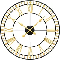 AMS W9647 - Wandklok - Analoog - Quartz - Rond - Metaal - Romeinse Cijfers - Zwart - Goudkleurig - D80 x 6 cm