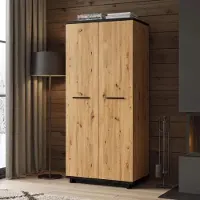 Ravio Kledingkast Ines 90 cm met houtlook en zwart – 2 deuren, 2 kledingroedes, garderobekast 215 cm hoog, 32 mm dik, in loftstijl
